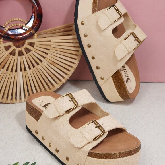 Apricot Fashionable Women's Open Toe Double Buckle Footbed Sandals - Picture 2 of 4